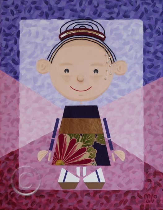 Fuki 1 - Tableau original, peinture acrylique et vêtement en tissu récupéré, 14 x 11 pouces au fond rose et violet, en vente sur Malio.weebly.com.
Idéal pour décorer la chambre d’une passionnée du Japon.
Personnage joyeux représentant une geisha aux cheveux en chignon.