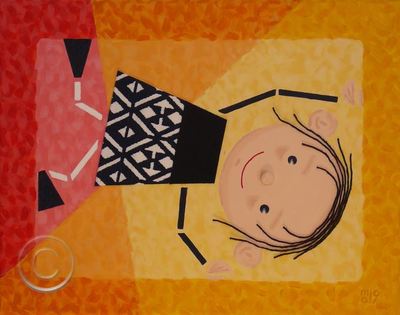 Romy 1 - Tableau original, peinture acrylique et vêtement en tissu recyclé, 11 x 14 pouces au fond jaune, orange et rouge, en vente sur Malio.weebly.com.
Parfait pour décorer la chambre d’un enfant ou pour offrir comme cadeau de naissance.
Personnage joyeux représentant une fille faisant la roue.